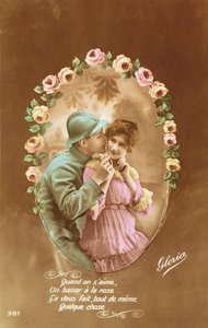 Postkarte, die einen französischen Soldaten und seine Geliebte darstellt, 1914-18 von French School