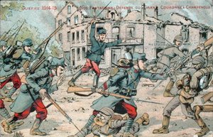 Postkarte, die die französische Infanterie bei der Verteidigung von Champenoux darstellt