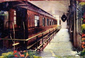 Postkarte, die den Eisenbahnwagen zeigt, in dem die Unterzeichnung des Waffenstillstands in Rethondes im Wald von Compiègne am 11. November 1918 um 5 Uhr morgens stattfand
