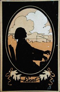 Postkarte von Franz Liszt (1811-86) mit der ungarischen Landschaft im Hintergrund, ca. 1910 (Farblithografie)