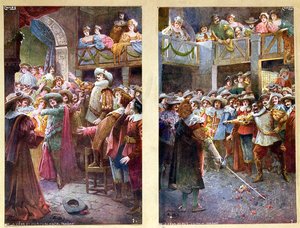 Postkarten darstellend Cyrano de Bergerac und das Duell im Hotel de Bourgogne, ca. 1900