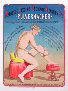 Plakat, das eine Elektro-Medizinische Körpermassage- und Stimulationsmaschine Pulvermacher bewirbt, 1884