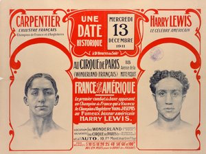 Plakat, das den Boxkampf zwischen Carpentier und Harry Lewis, 1911, bewirbt