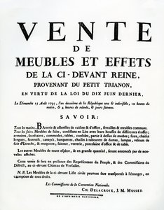 Plakat, das den Verkauf von Marie-Antoinettes Möbeln und Effekten am 25. August ankündigt von French School