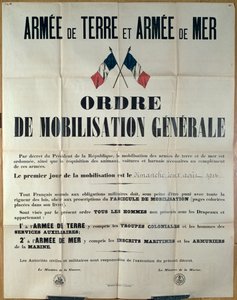 Plakat zur Generalmobilmachung in Frankreich, 2. August 1914, vom Ministerium für Krieg und Marine von French School