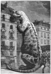 Prähistorisches Monster in einer modernen Stadt, graviert von Motty (19. Jahrhundert) Illustration aus Le Monde Avant la Création de l