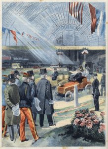 Präsident der Französischen Republik Emile Loubet (1838-1929) bei der Ausstellung von Industriealkohol in der Maschinenhalle am Champ de Mars in Paris, in „Le Petit Parisien“.