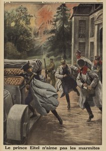 Prinz Eitel Friedrich von Preußen, zweiter Sohn von Kaiser Wilhelm II. von Deutschland, flieht in Panik, als sein Hauptquartier im Château de Temple-la Fosse während der Schlacht an der Somme unter französischen Artilleriebeschuss gerät, Erster Weltkrieg von French School