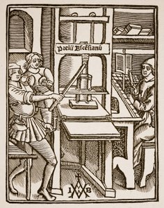 Druckerpresse, Titelseite von Hegesippus, gedruckt von Jodocus Badius Ascensius, Paris, 1511 (Sepia-Foto) von French School