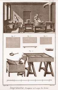 Druckerei: Tremperie und Waschen der Formen - „Die Große Enzyklopädie, oder Wörterbuch der Wissenschaften, Künste und Berufe“ von Denis Diderot (1713-1784) und Jean d