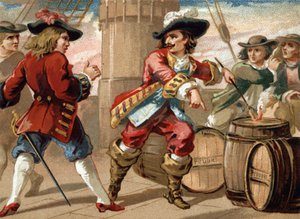 Freibeuter Jean Bart (1650-1702) bedrohte einen englischen Freibeuter, der ihn gefangen nahm, indem er ihm drohte, sein Schiff in die Luft zu sprengen, indem er ein Pulverfass in Brand setzte. Chromolithographie aus dem späten 19. Jahrhundert