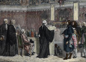 Prozess von Louis XVI: Auftritt von Louis XVI vor den Abgeordneten des Nationalkonvents (Farbgravur) von French School