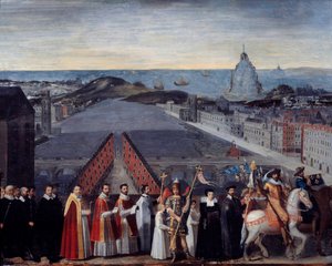 Prozession der Pariser Pilger von Saint Michel du Mont auf der Pont Neuf. Anonymes Gemälde. 17. Jahrhundert. Dim. 0,80 x 1,05 m. Paris, Musée Carnavalet von French School