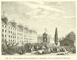 Proklamation der Verfassung, 4. September 1791, auf dem Markt der Unschuldigen von French School