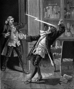Professor Georges Guillaume Richmann (1711-1753) starb in seiner Werkstatt bei einem Experiment mit einem Elektrometer von French School