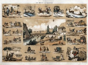 Fortschritt und technische Entwicklung des Transports, eine Tafel, die die Entwicklung der Transportmittel darstellt, im Zentrum eine Bühne, die sich um einen Fluss dreht, der ins Meer mündet, Schlepperei, ein Zug, der über eine Brücke fährt, Boote auf dem