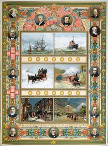 Fortschritt während der Regierungszeit von Königin Victoria (1819-1901). Segelschiffe, Dampfschiffe, Dampflokomotive und Gas- und elektrische Straßenbeleuchtung, 1887
