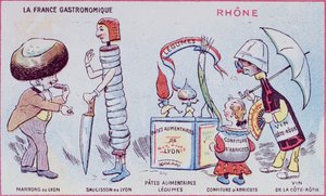 Werbe- und Bildungskarte für Kinder, die Lebensmittelspezialitäten der Region Rhone darstellen, ca. 1900