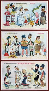 Werbe- und Bildungskarten für Kinder, die Lebensmittelspezialitäten der Region Lothringen darstellen, ca. 1910