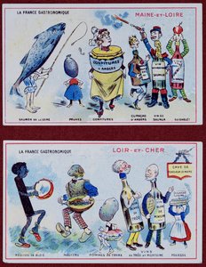 Werbe- und Bildungskarten für Kinder, die Lebensmittelspezialitäten der Regionen Maine-et-Loire und Loir-et-Cher darstellen, ca. 1910