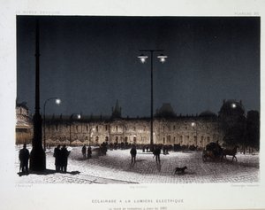 Öffentliche Beleuchtung mit elektrischem Licht auf dem Place du Carrousel in Paris 1883 - in „Magnetismus und Elektrizität“ von Amedee Guillemin