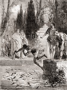 Publius Vedius Pollio, römischer Ritter, füttert einen Sklaven seinen Muränen, aus Les Merveilles de la Science, veröffentlicht ca. 1870 von French School
