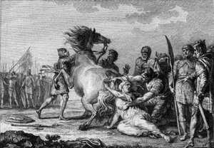 Bestrafung von Brunehaut, 613: Brunehaut oder Brunehilde (543-613), Königin von Austrasien, wird an den Schwanz eines unzähmbaren Pferdes gebunden, bevor sie zu Boden geschleift wird. Gravur des 18. Jahrhunderts.