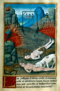 Strafe für Diebe und Plünderer in der Hölle, sie werden gehängt, verbrannt und von Hunden gefressen. Miniatur aus „Le Tresor de Sapience“ von Jean Gerson (1363-1429) 15. Jahrhundert Chantilly, Musee Conde von French School