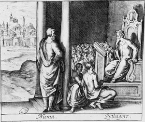 Pythagoras (ca. 570-480 v. Chr.) unterrichtet eine Klasse von Schülern, Illustration aus Ovids Metamorphosen