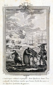 Quäker-Missionare versuchen, die Indianer Amerikas zu evangelisieren - Gravur