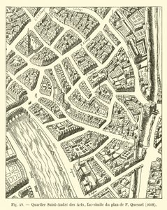 Viertel Saint-Andre des Arts, Faksimile des Plans von F. Quesnel, 1608 von French School