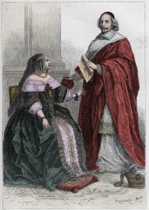 Königin von Frankreich Anne von Österreich (1601-1666) und Kardinal Jules Mazarin (Giulio Raimondo Mazzarino oder Mazarino) (1602-1661) - Gravur aus 