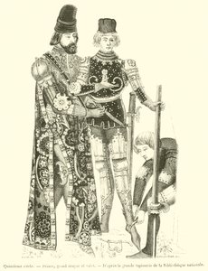 15. Jahrhundert, Prinz, Oberstallmeister und Diener (Gravur) von French School