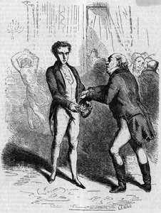 Rastignac schwindelig lässt den weißhaarigen Mann zehn Louis nehmen. Gravur Mitte des 19. Jahrhunderts. Illustration für „Der Vater Goriot“ von Honore de Balzac (1799-1850). von French School