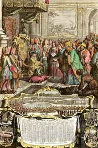 Empfang von Mehemet Effendi, türkischer Botschafter des großen Sultans Achmet, durch Ludwig XV. am 21. März 1721 in den Tuilerien. Gravur des 18. Jahrhunderts. Private Sammlung.