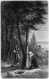 Sammlung von Manna auf rundblättrigen Eschen. Gravur in „Le journal de la jeunesse“ von French School