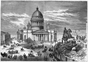 Religiöse Architektur: Ansicht der orthodoxen Kirche des Heiligen Isaak (1819-1858) in Sankt Petersburg (Sankt Petersburg) in Russland, erbaut nach den Plänen des Architekten Ricard de Montferrand (1786-1858). Rechts ist die Reiterstatue von Peter dem Groß