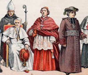 Religiöse Kostüme: Ein Bischof mit Mitra und Bischofsstab, Papst Leo XIII. sitzend, ein Kardinal in Prälatengewand