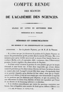 Bericht der Sitzungen an der Akademie der Wissenschaften von Jean Joseph Le Verrier (1811-77) über den Planeten Neptun, 11. September 1848