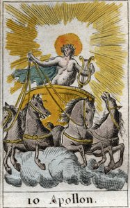 Darstellung von Apollo, Gott des Gesangs, der Musik und der Poesie, auf seinem Wagen. Aus „Mythologie der Jugend“ von Pierre Blanchard 1803. von French School