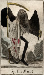 Darstellung des Todes, Skelett in Schwarz gekleidet und geflügelt, er hält eine große Sense. Aus „Mythologie de la jeunesse“ von Pierre Blanchard 1803. von French School