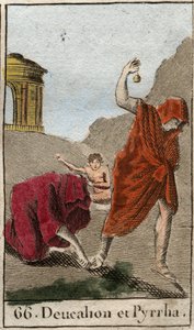 Darstellung von Deukalion und Pyrrha, die einzigen Überlebenden nach der Sintflut, die von Zeus verursacht wurde, um die Menschheit zu vernichten. Themis nach der Sintflut bittet sie, den Kopf bedeckt zu gehen und hinter sich die Knochen ihrer Mutter (die 