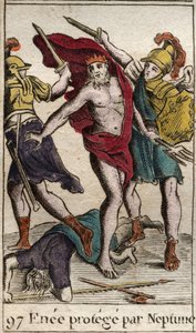 Darstellung von Aeneas, der von Neptun geschützt wird und sich vom Kampf gegen Achilles zurückzieht. Aus „Mythologie der Jugend“ von Pierre Blanchard 1803. von French School