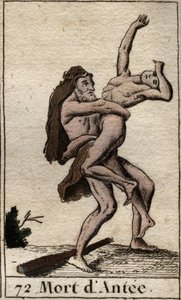 Darstellung von Herkules, der Ante, König von Libyen, besiegt (Herakles (Herkules) tötet Antäus mit einem Bärenumarmung). Aus „Mythologie der Jugend“ von Pierre Blanchard 1803.