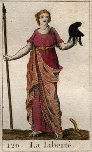 Darstellung der Freiheit als Frau mit einer phrygischen Mütze und einem Spaten. Aus „Mythologie de la jeunesse“ von Pierre Blanchard 1803.