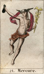 Darstellung von Merkur, Gott des Handels, der Reisen und Bote der anderen Götter. Er hält einen Hermesstab und trägt einen Petasos. Aus „Mythologie der Jugend“ von Pierre Blanchard 1803.
