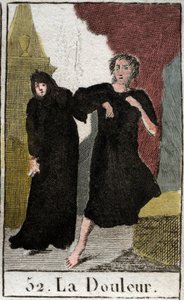 Darstellung des Schmerzes, personifiziert als Frau in Schwarz, die sich in der Dunkelheit bewegt und mit einem Dolch bewaffnet ist. Aus „Mythologie der Jugend“ von Pierre Blanchard 1803.