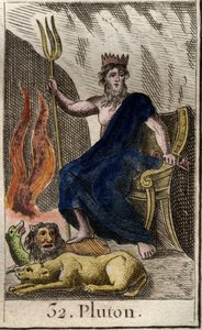 Darstellung von Pluto, Gott der Unterwelt, zu seinen Füßen Cerberus, der dreiköpfige Hund, Wächter der Unterwelt. Aus „Mythologie der Jugend“ von Pierre Blanchard 1803.