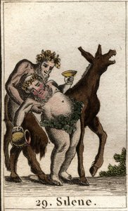 Darstellung von Silenus, dem Gefährten des Bacchus, betrunken, gestützt von einem Satyr. Aus „Mythologie der Jugend“ von Pierre Blanchard 1803 von French School