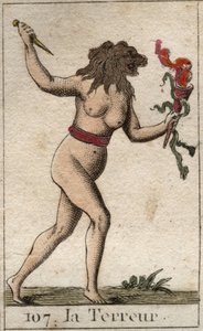 Darstellung des Schreckens als Frau mit einem Löwenkopf, die ein Messer und Schlangen hält. Aus „Mythologie der Jugend“ von Pierre Blanchard 1803 von French School